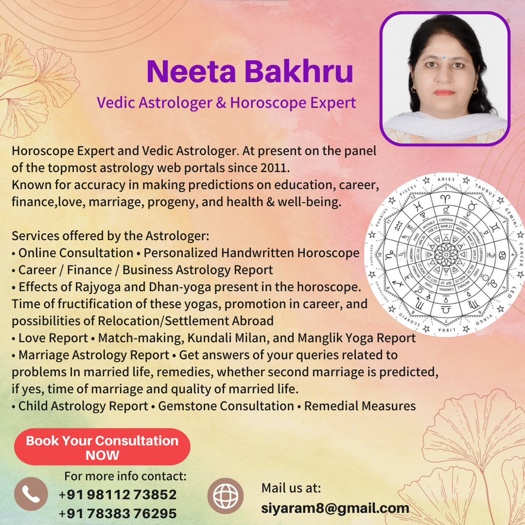 Neeta Bakhru - Vedic Astrologer, Horoscope Expert - Maharishi Parashar's Vimshottari and Gemini's Char Dasha System - Faridabad